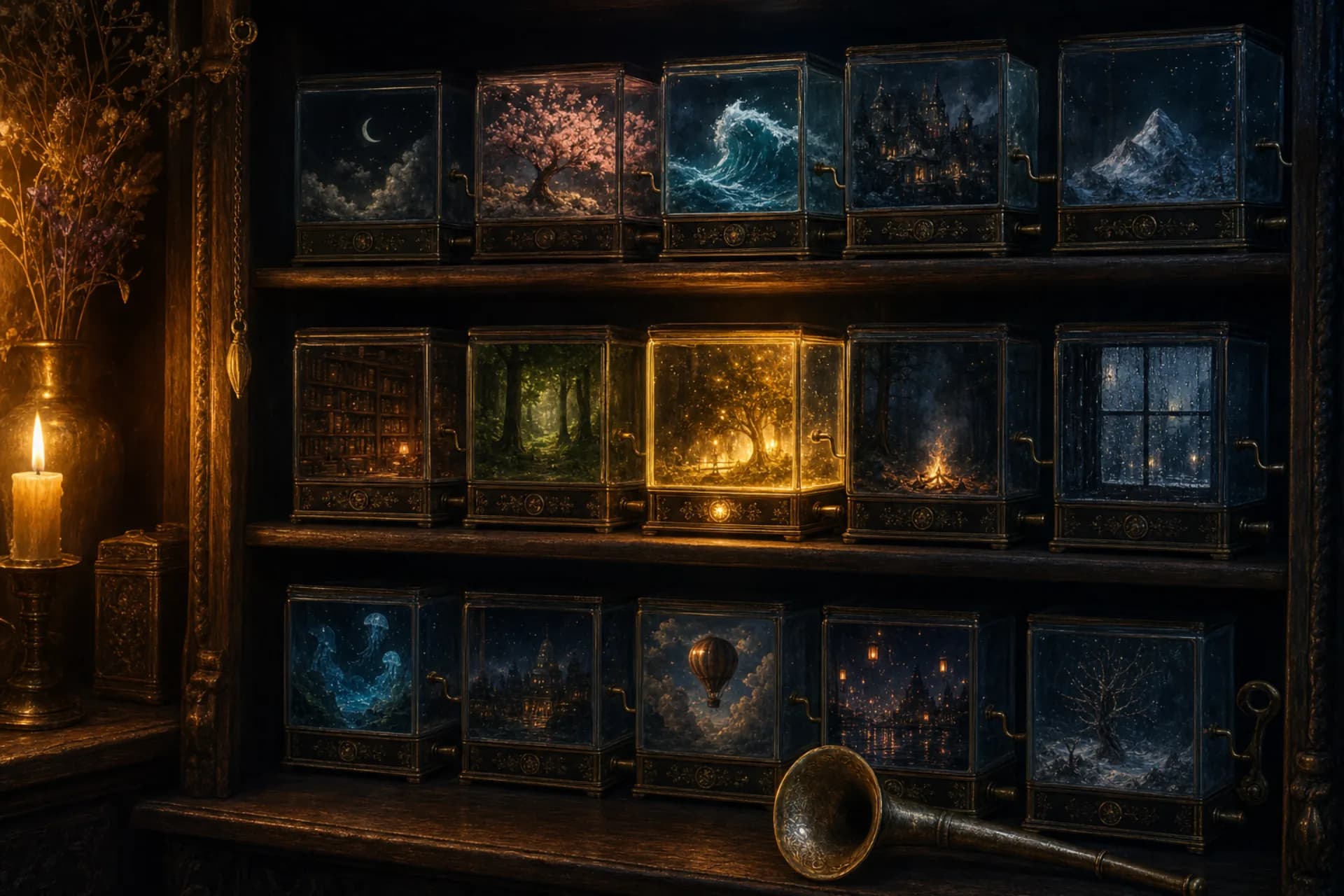 Audio library browser showing ambience categories like Ocean, Campfire, Cave, and Rain with play buttons