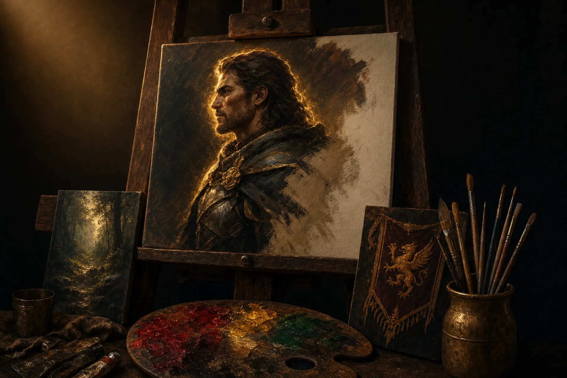 Image generation panel showing a D&D character portrait being generated in a hand-painted illustration style
