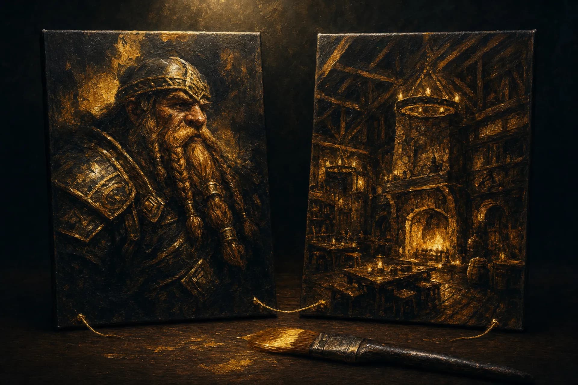 Side-by-side comparison of a character portrait and a scene background sharing the same hand-painted illustration style