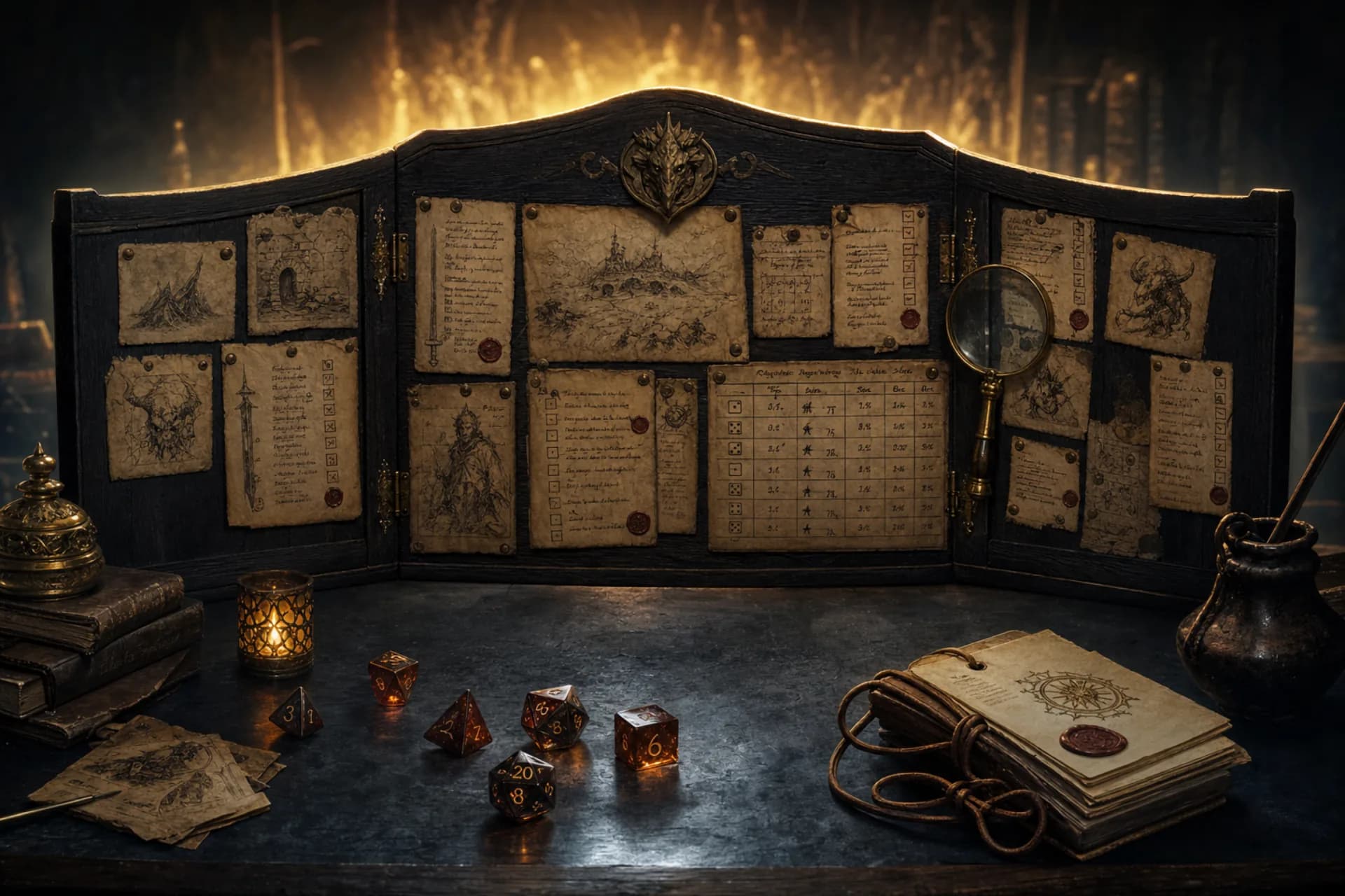 Scene checklist with category badges, random encounter table with d20 roll, and reference links panel