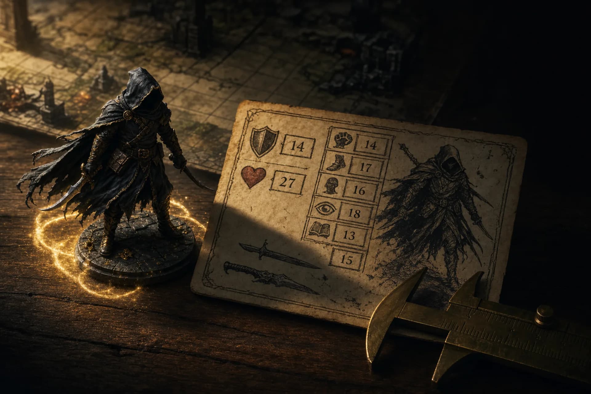 NPC flyover detail showing combat fields with CR, HP, AC, and ability scores alongside personality traits