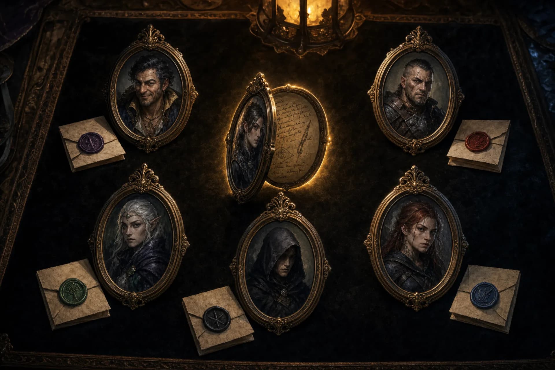 NPC card grid showing faction badges, personality summaries, and DM secret indicators